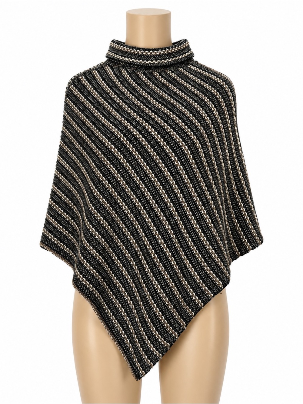 CATO Women’s One Size Knit Poncho Black Beige Striped Turtleneck Acrylic Sweater